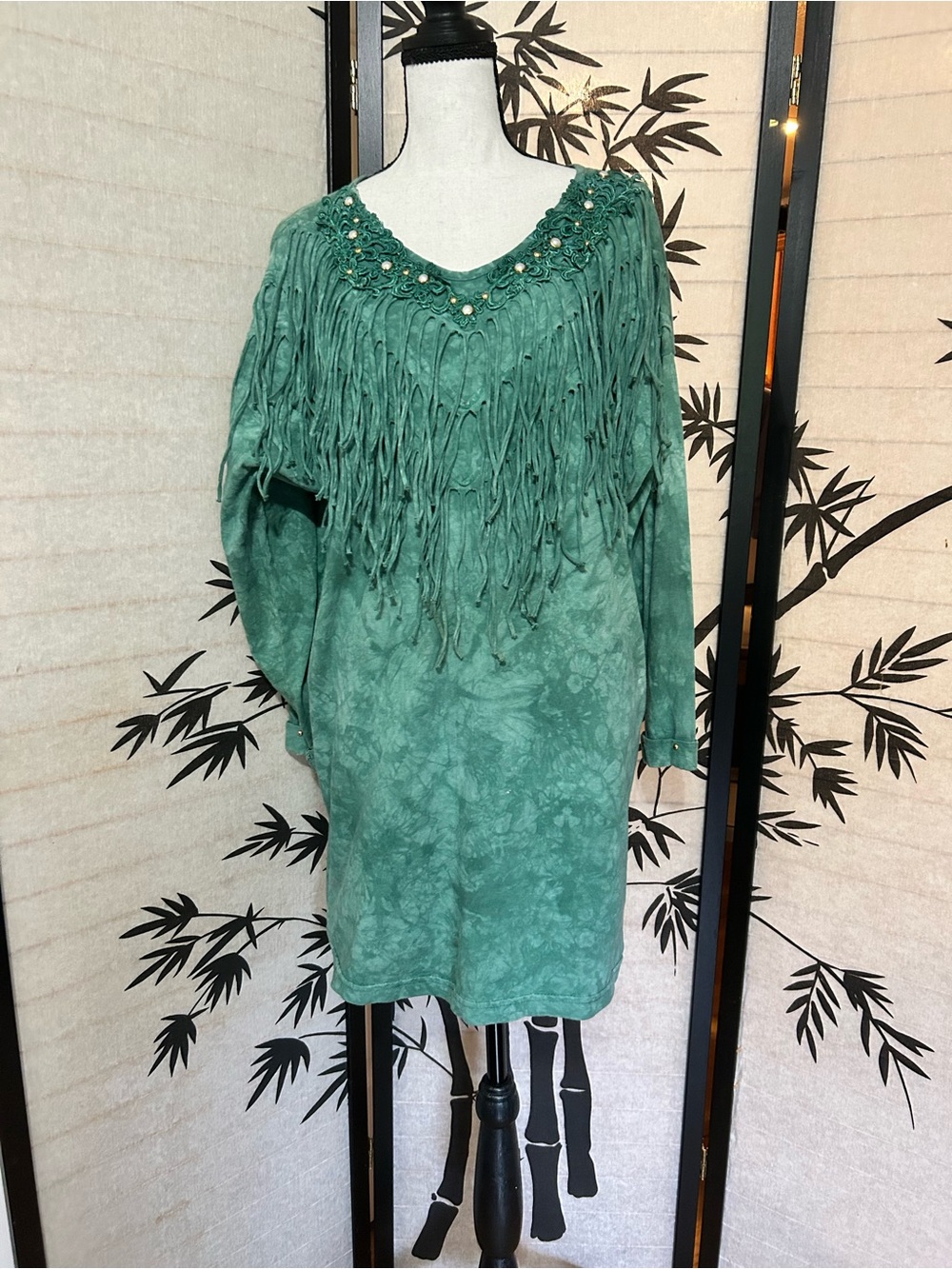 Boos Western Top Vintage 80's Sage Green Tie Dye Boho Fringe Neck One size LS